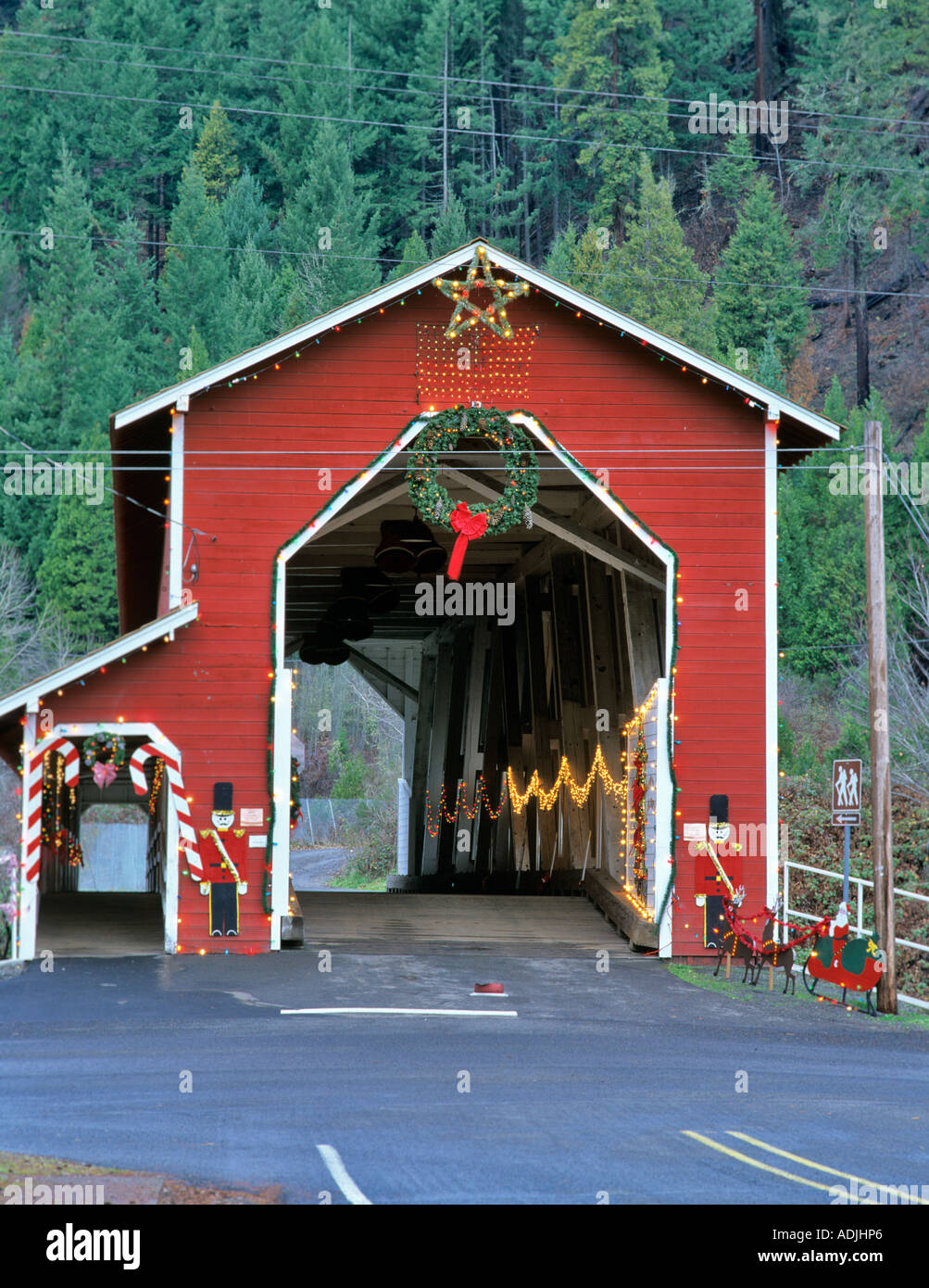 Office Bridge with Christmas lights Westfir Oregon Stock Photo