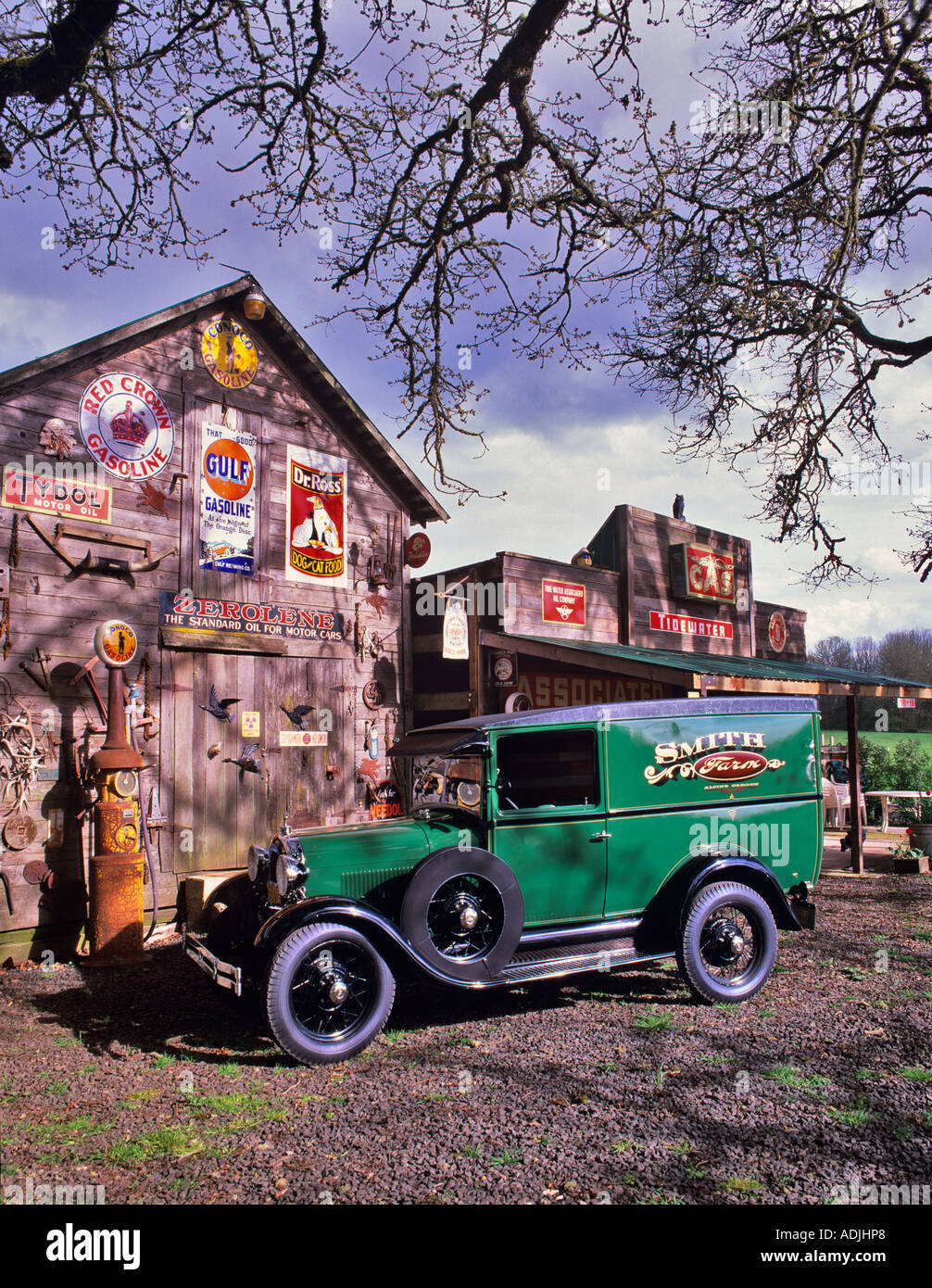 Model A Ford Van at antique gas station and store front Near Monroe OR