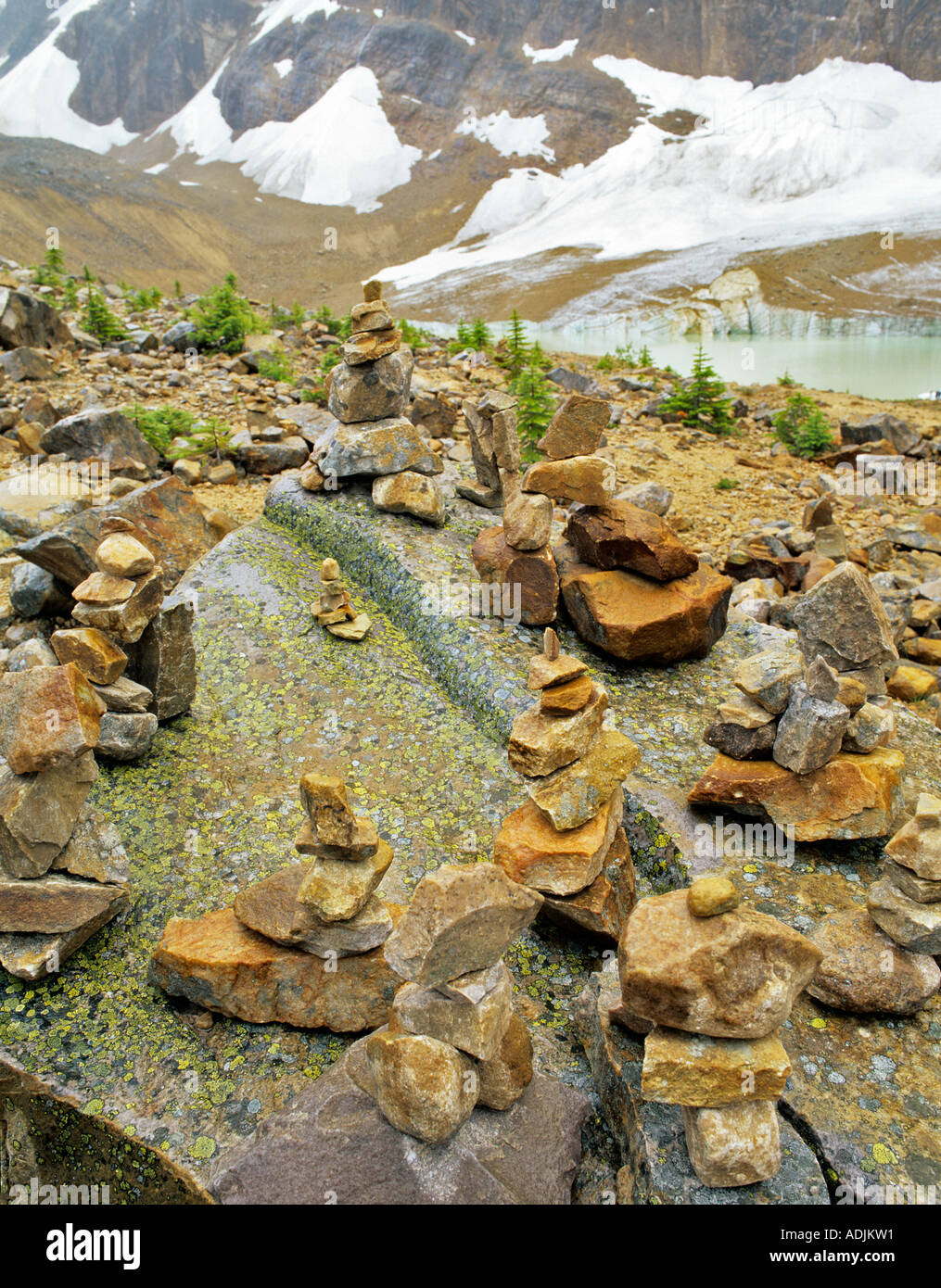 Rock Trail markers on trail to Mt Edith Cavell Jasper National Park Canada Stock Photo