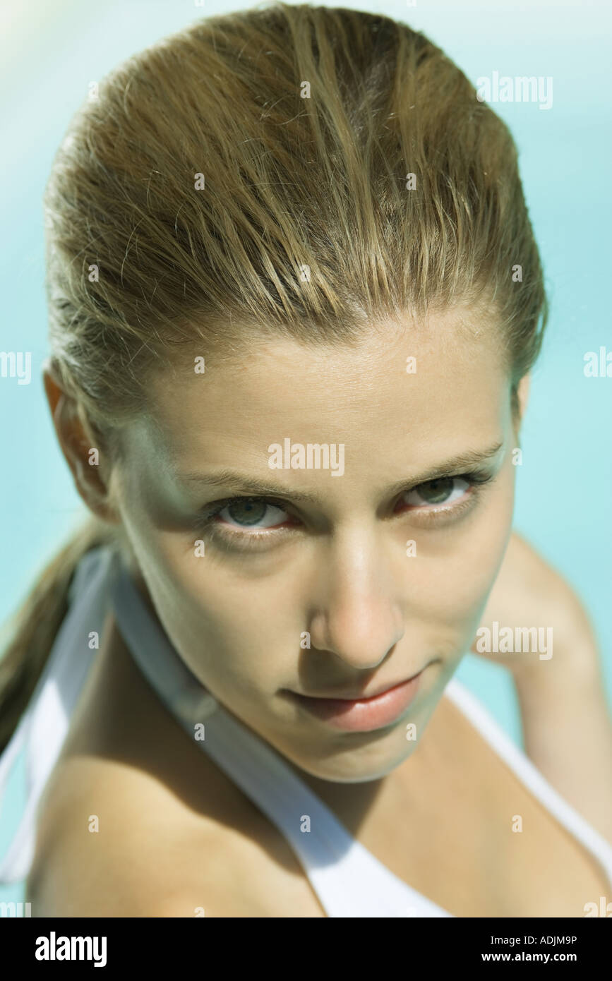 Woman wearing halter bathing suit, head and shoulders, portrait, high angle view Stock Photo Alamy