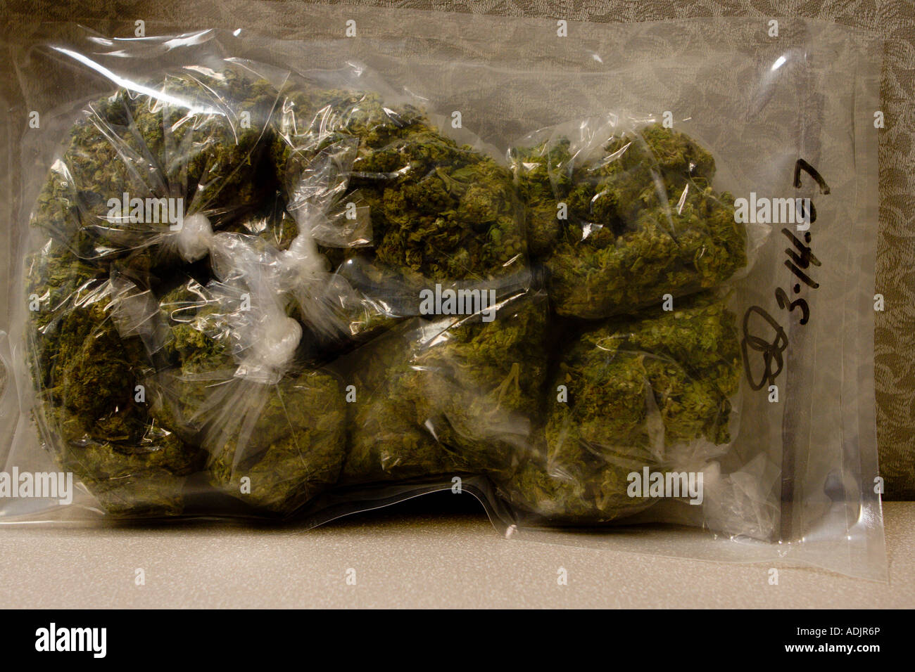 Individual Baggies of Marijuana Sealed in an Evidence Bag Stock Photo