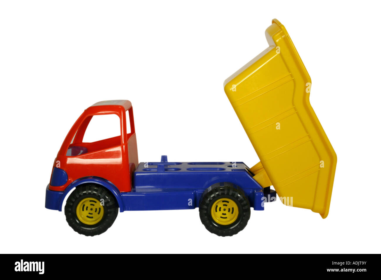 Dump truck toy on white background Stock Photo - Alamy
