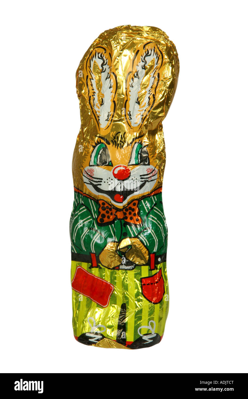 Easter chocolate bunny wrapped in original aluminium wrapper on white background Stock Photo