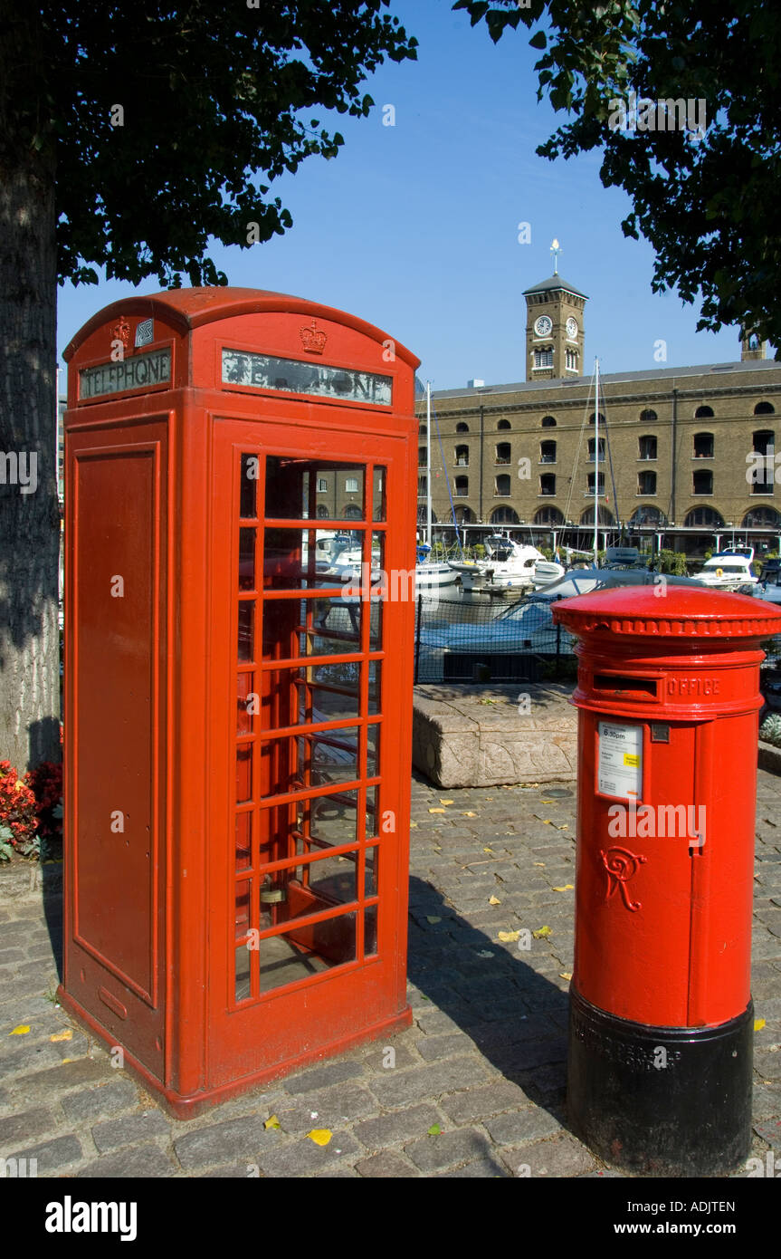 Iconic British symbols, a red telephone box and post box in London, England Stock Photo