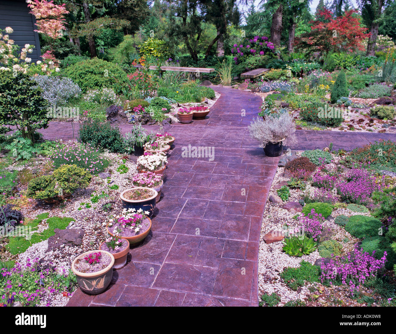 Pathway in rock gardens of Northwest Garden Nursery Eugene Oregon Stock