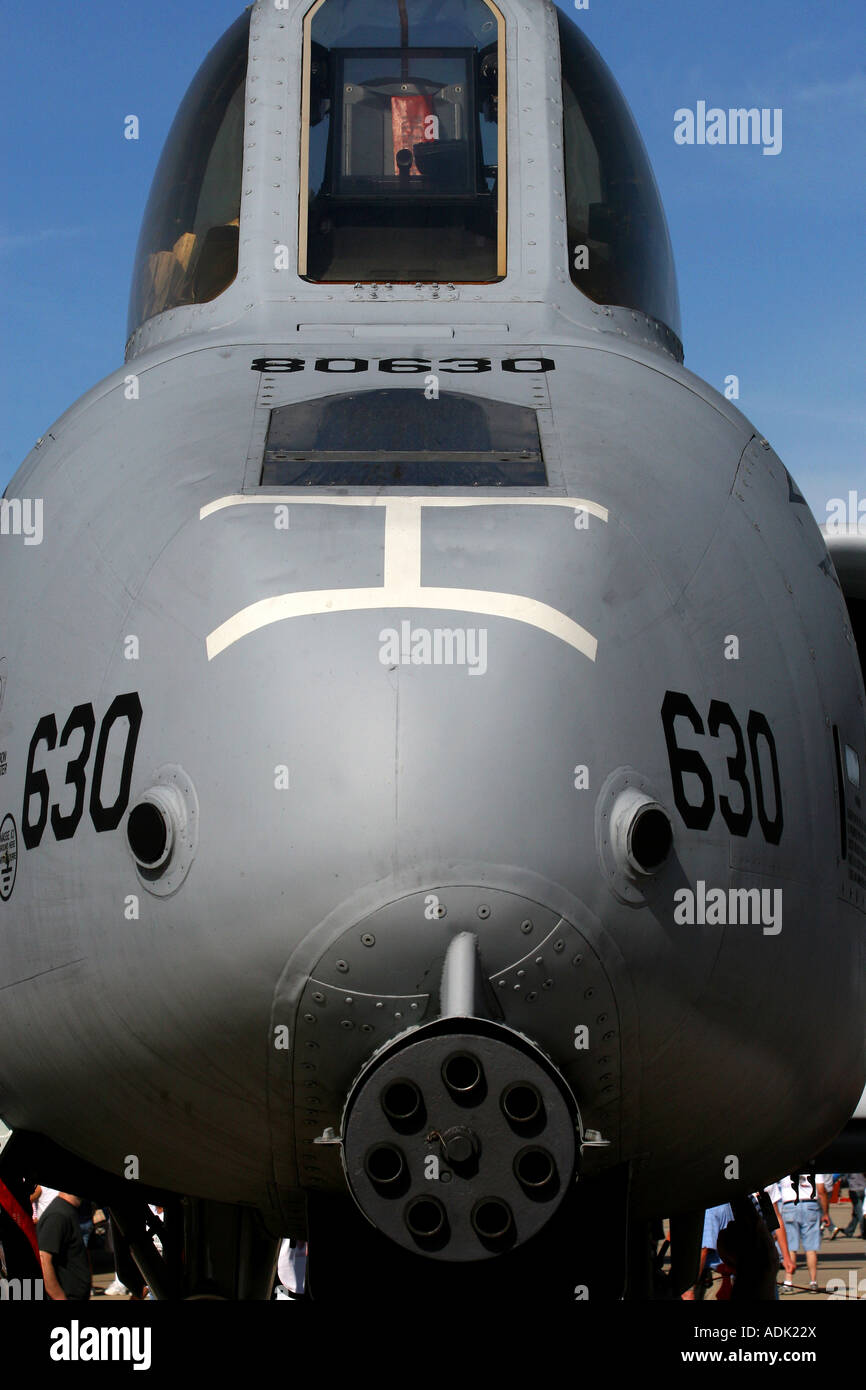 Close up, Front View of the United States of America, A-10, Warthog, Military Aircraft. Stock Photo