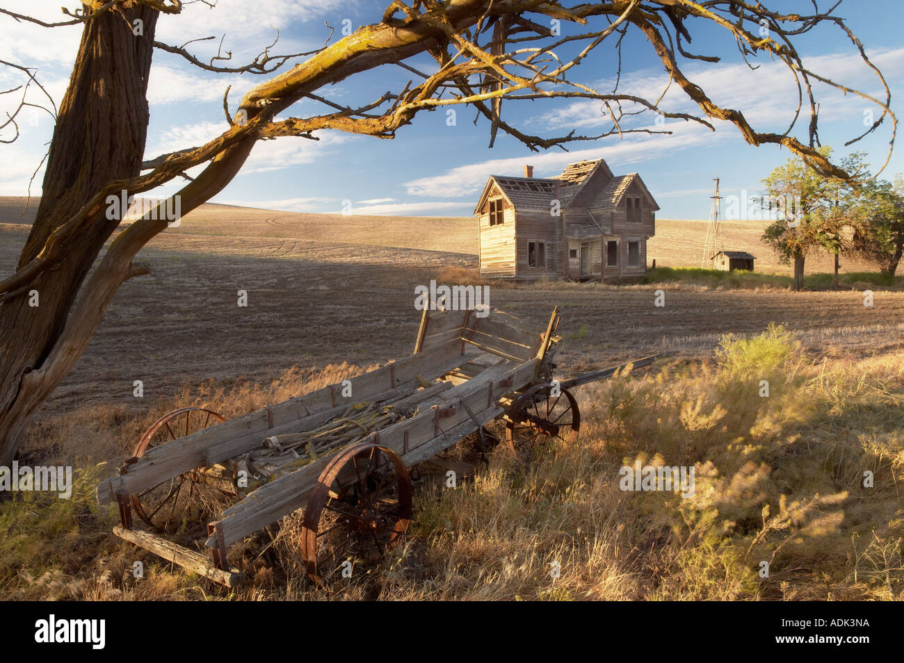 Abandoned farm house and wagon Near The Dalles Oregon Stock Photo