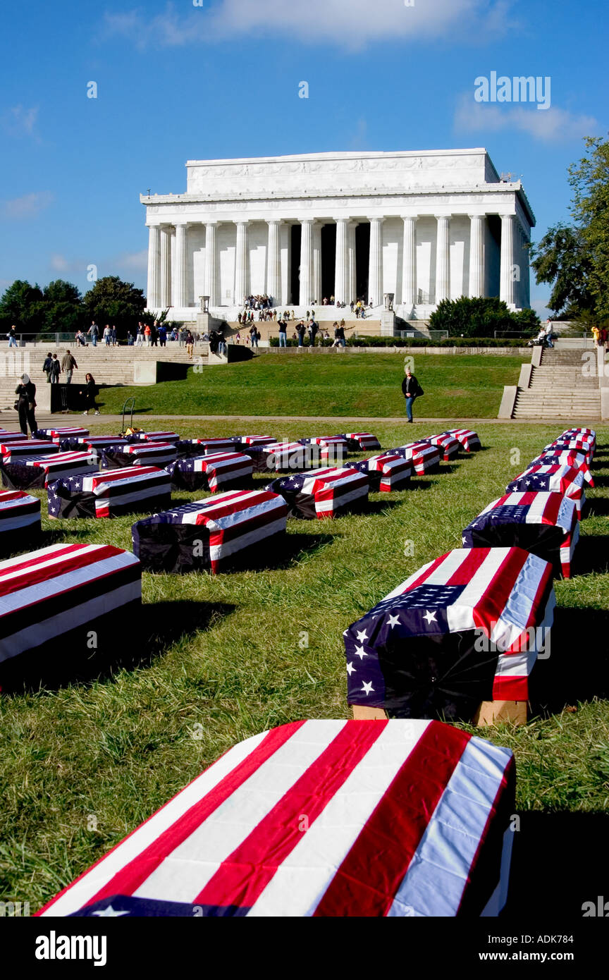 American flag draped mock caskets during war protest at Lincolon Memorial in Washington DC Stock Photo