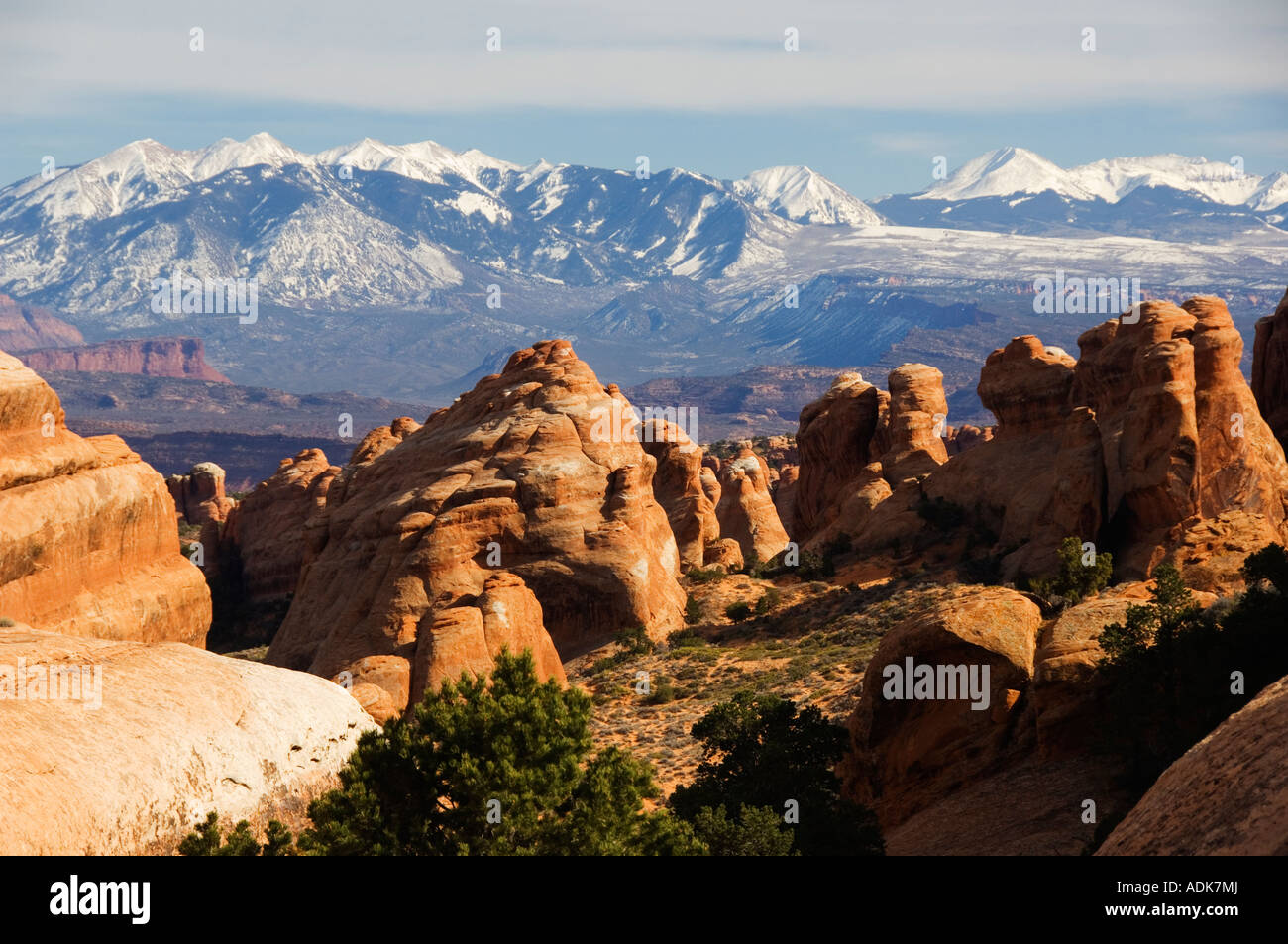 USA Utah Arches National Park snow capped mountains of Manti La Sal National Forest and sandstone pinnacles at the Devils Garden Stock Photo
