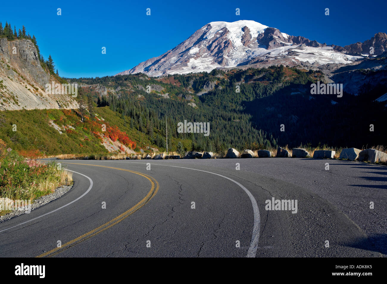 Mount Rainer Driving Road through Mt Rainier National Park Washington with fall color Stock ...