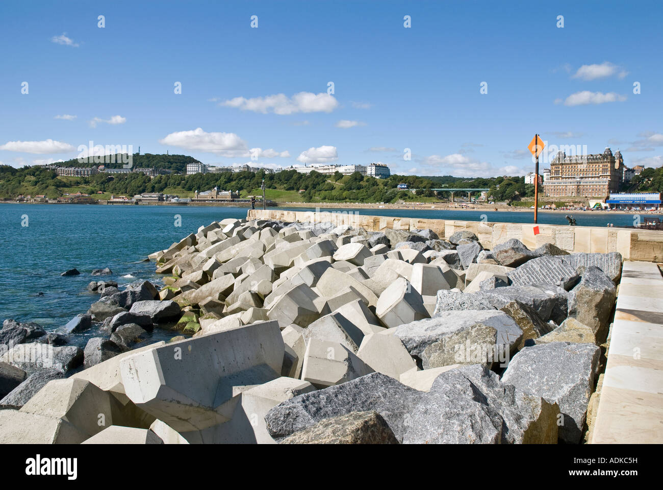 Scarborough sea defences of rock armour and accropodes Yorkshire UK Stock Photo