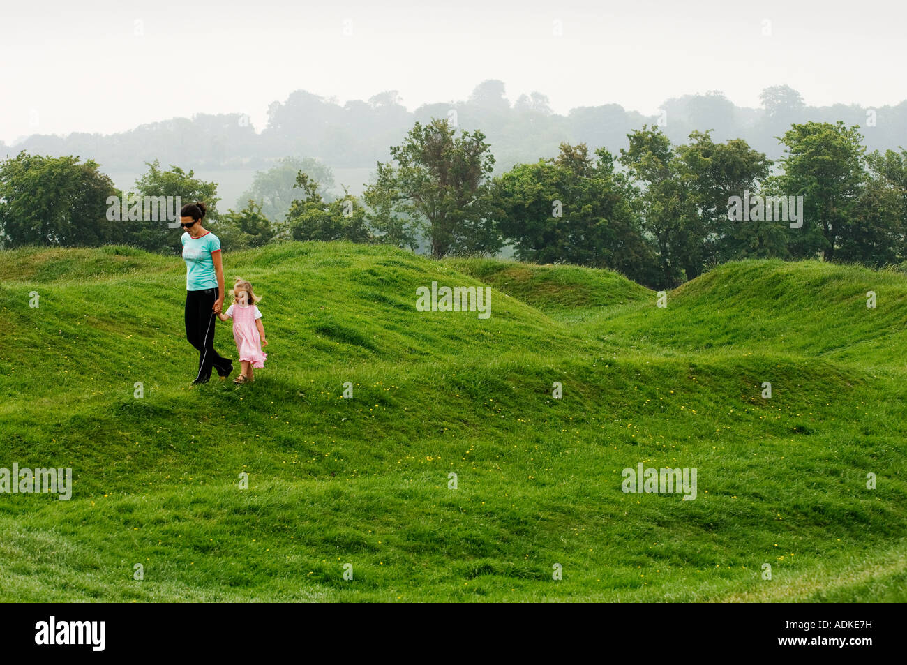 Ridges and trenches of the adjacent ancient earthworks known as Cormac’s House and the Royal Seat on the Hill of Tara, Ireland. Stock Photo