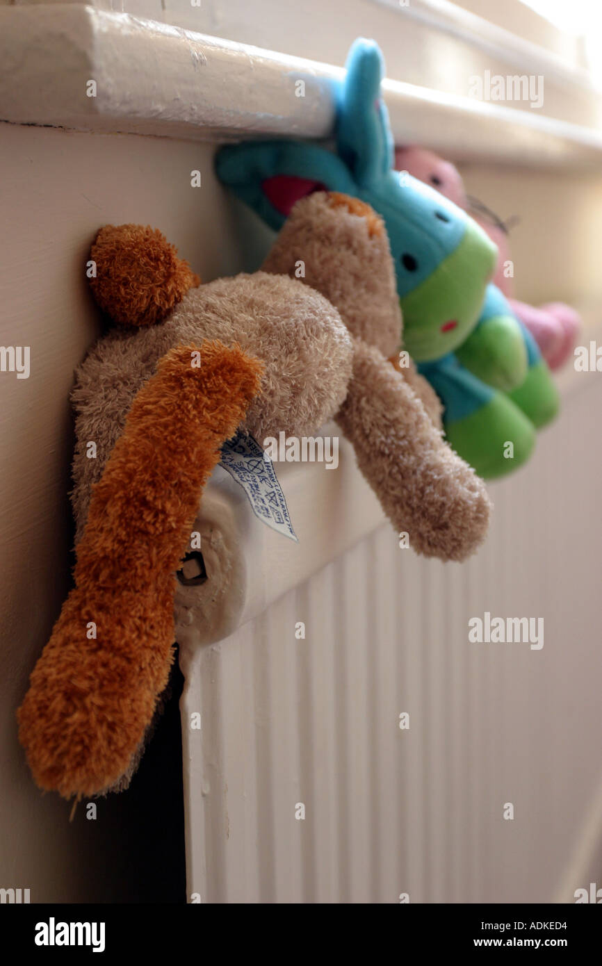 Cuddly Toys drying on radiator Stock Photo - Alamy