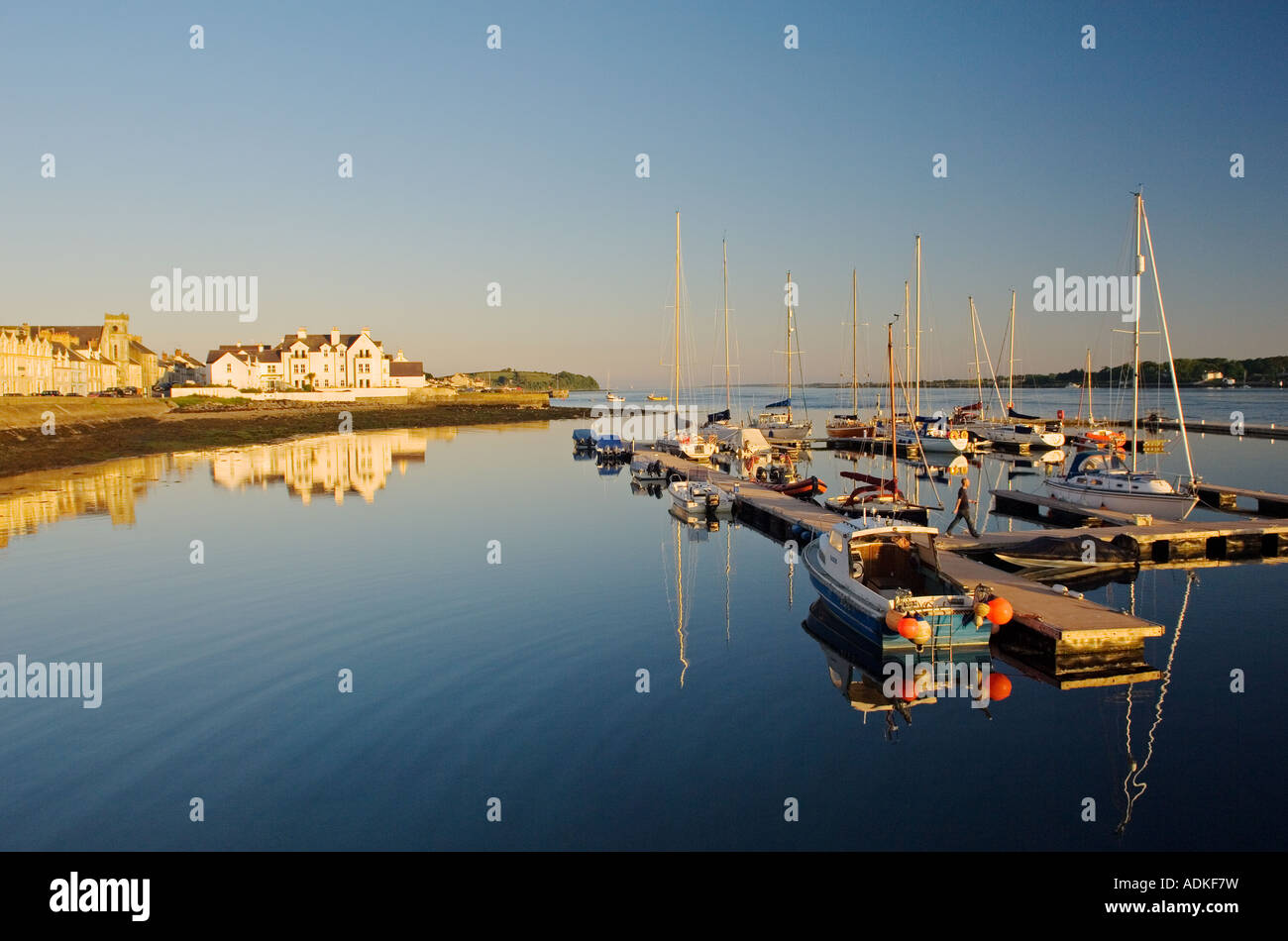 Warm summer evening light on the village harbour marina of Portaferry at the entrance to Strangford Lough, County Down, Ireland. Stock Photo