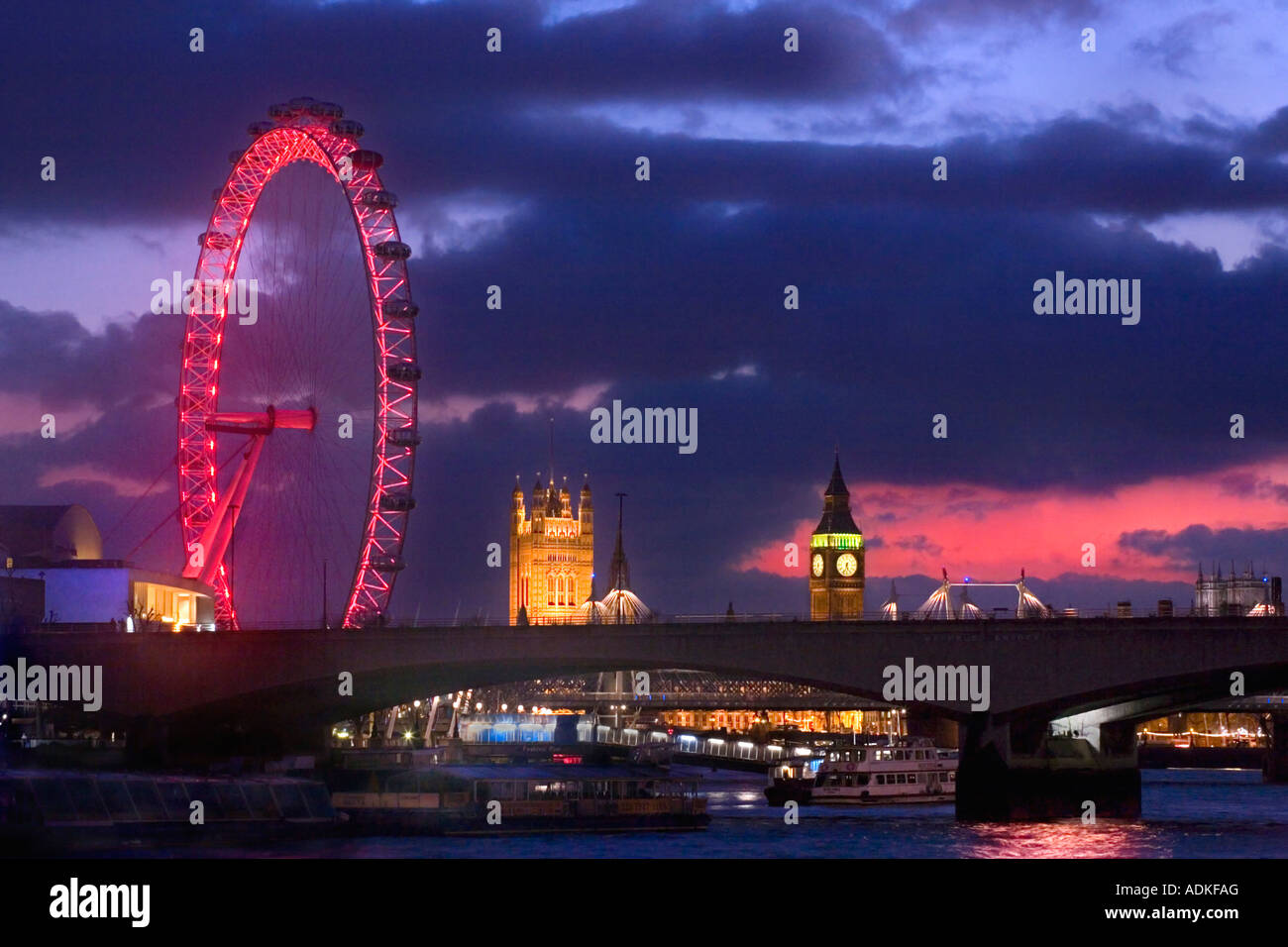 thames at night (red wheel stormy sky) Stock Photo