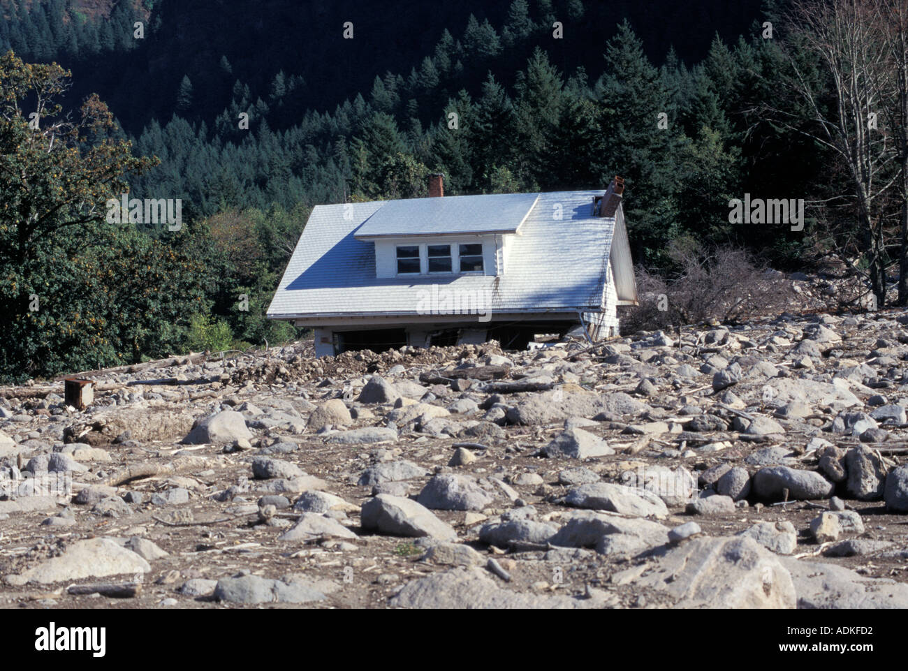 House Swept by Mudslide Stock Photo