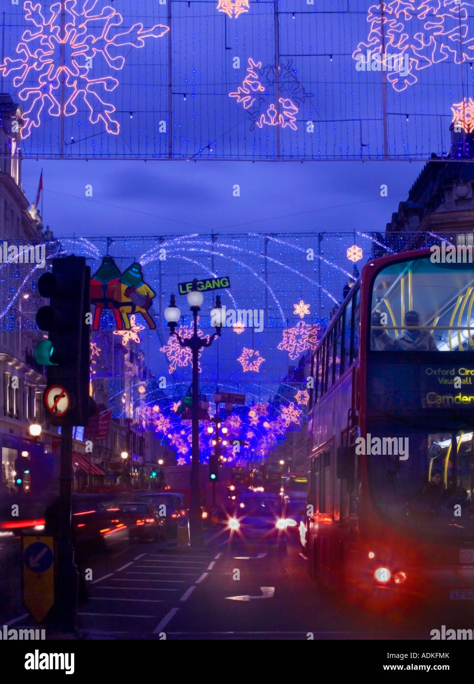 christmas lights, london bus Stock Photo Alamy