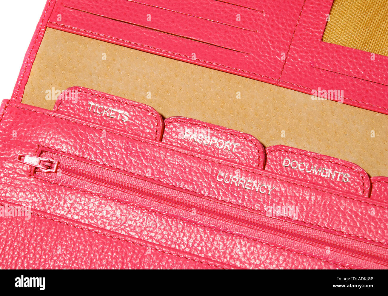 Detail of a Pink Travel document wallet for passport tickets. Picture