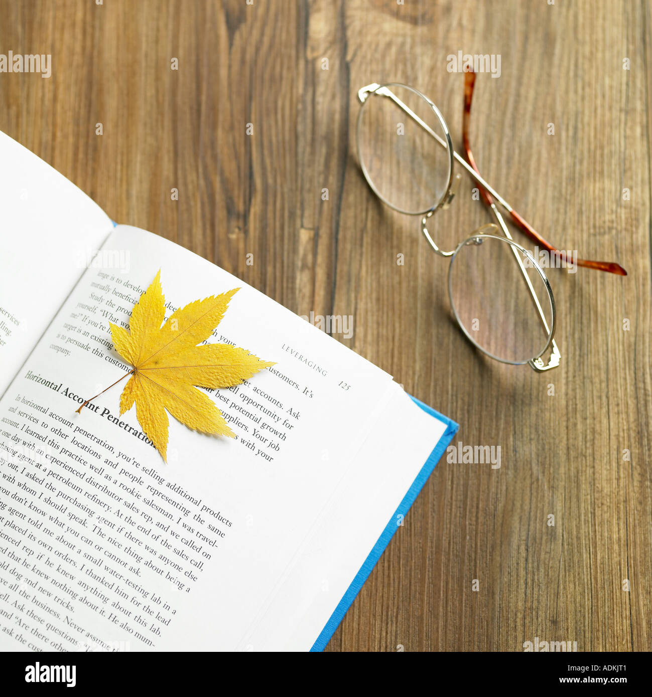 an opened book a maple leaf and glasses Stock Photo