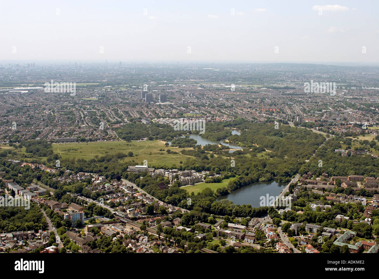 Oblique high level aerial view south west of South Woodford and Snaresbrook towards Eagle and Hollow Pond and Walthamstow with Crown Court London E11 E18 E17 England Stock Photo
