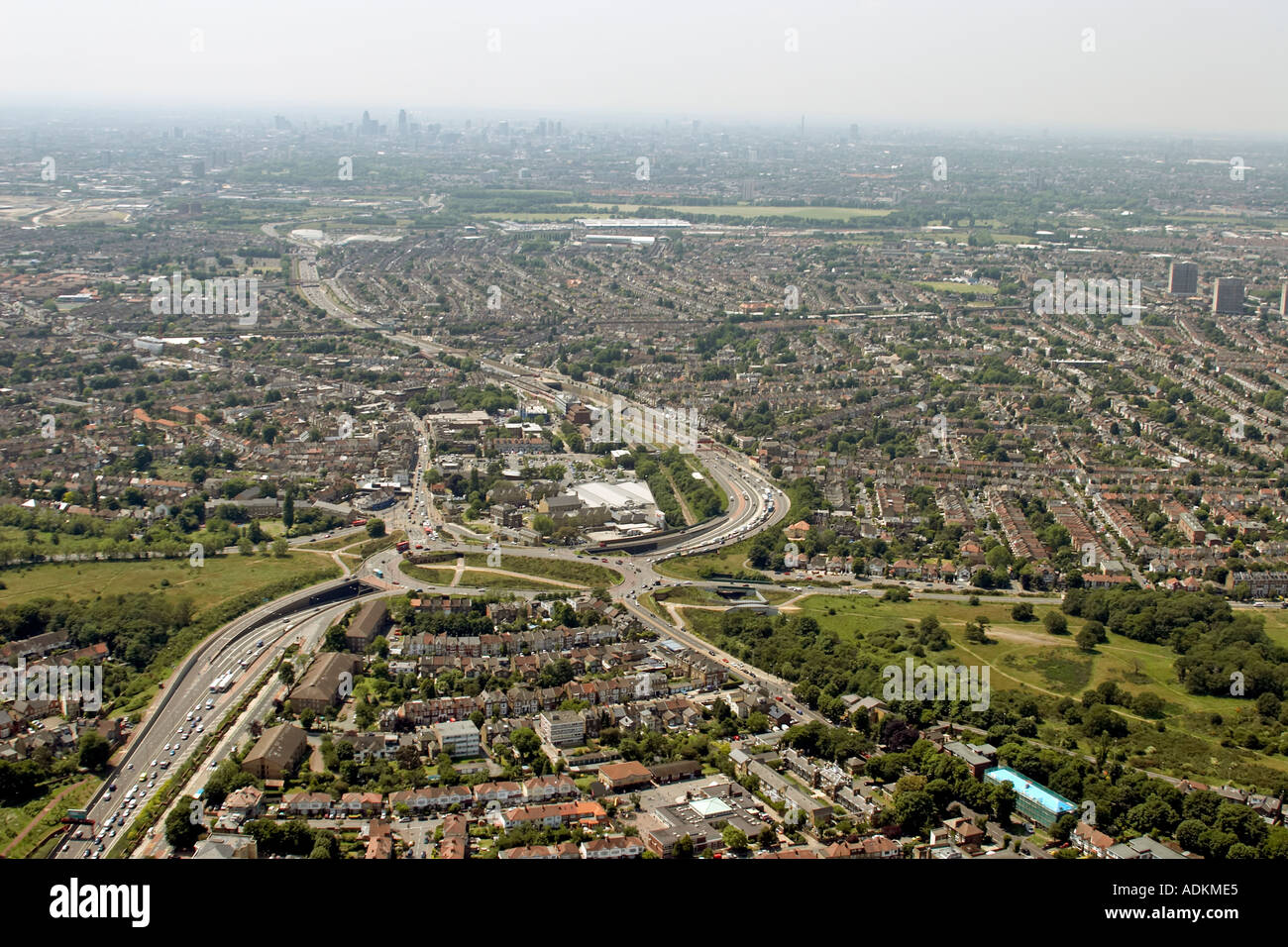 Oblique high level aerial view south west of A12 with Green Man