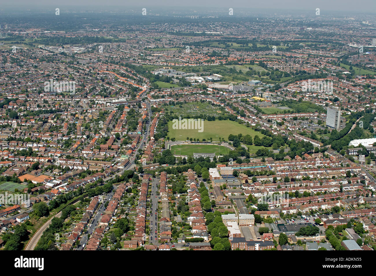 Oblique high level aerial view north of Sutton with Collingwood Road