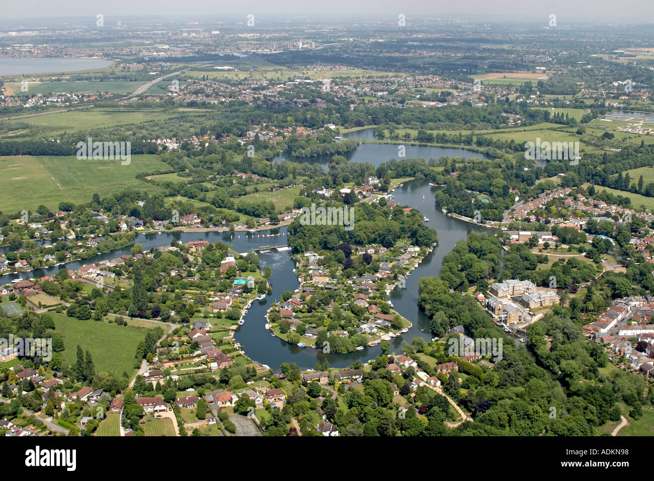 Oblique high level aerial view north east to Hamhaugh Island area and River Thames London KT13
