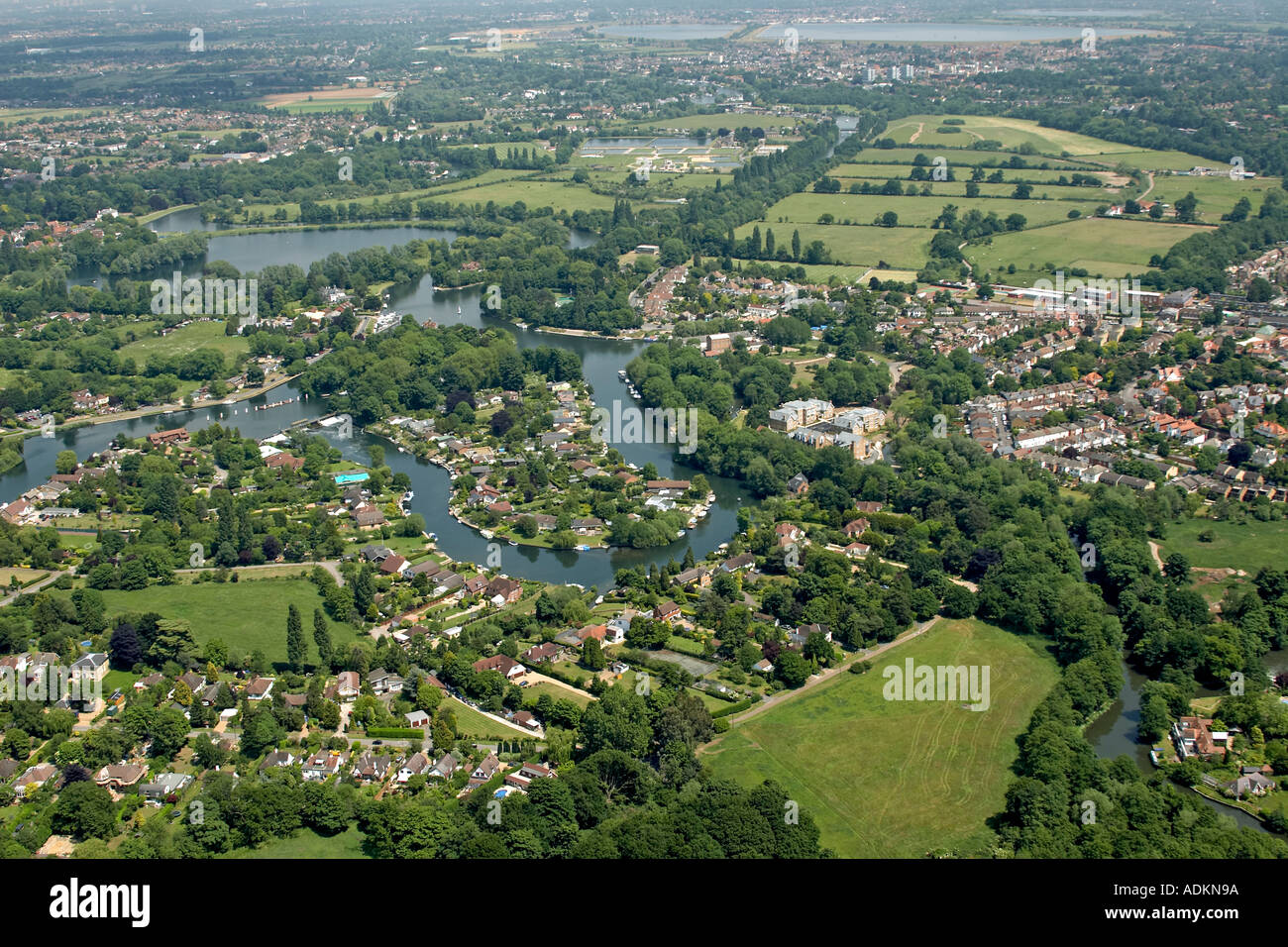 Oblique high level aerial view north east to Hamhaugh Island area and River Thames London KT13