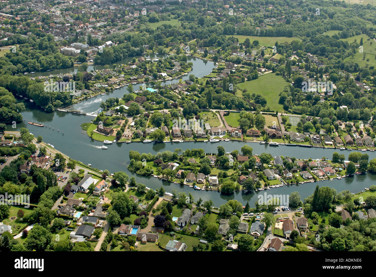 Oblique high level aerial view south east to Weybridge area with Pharaoh s Island and Hamhaugh