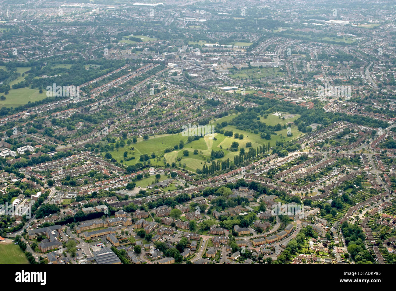 Oblique high level aerial view south west of Oakwood with Oakwood Park and Eversley School London N21 N14 England 2005 Stock Photo