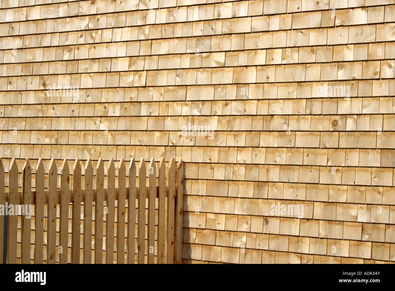 new wooden fence and shingles wall in the historic village of Shelburne, Nova Scotia, Canada. Photo by Willy Matheisl Stock Photo