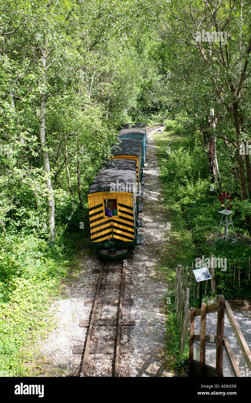 Train running on narrow gauge railway track at Amberley Working Museum