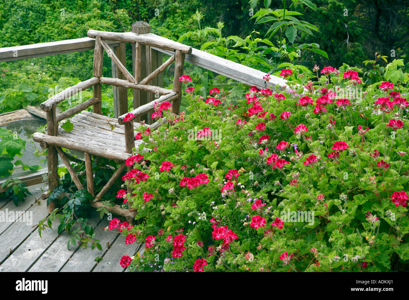 View of ocean deck with flower benches and lanternschair and blooming begonia Greenwood Pier California Stock Photo