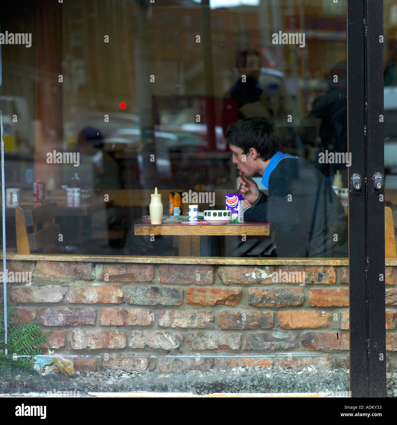 Cafe window Ancoats Manchester Stock Photo