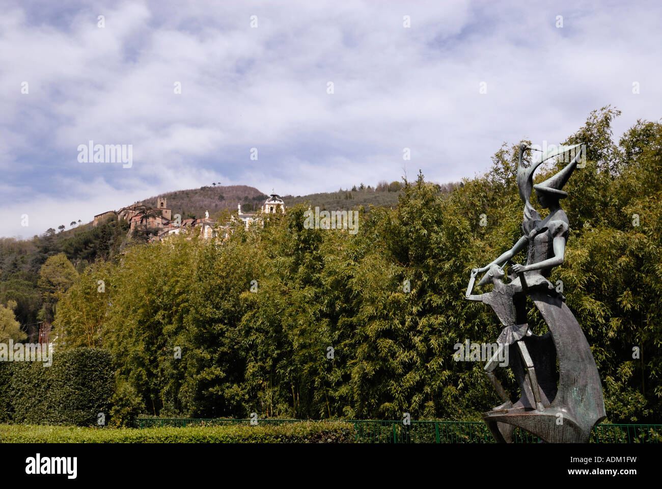 Italy, Tuscany, Collodi. Pinocchio's theme park. Fairy & Pinocchio sculpture. Stock Photo