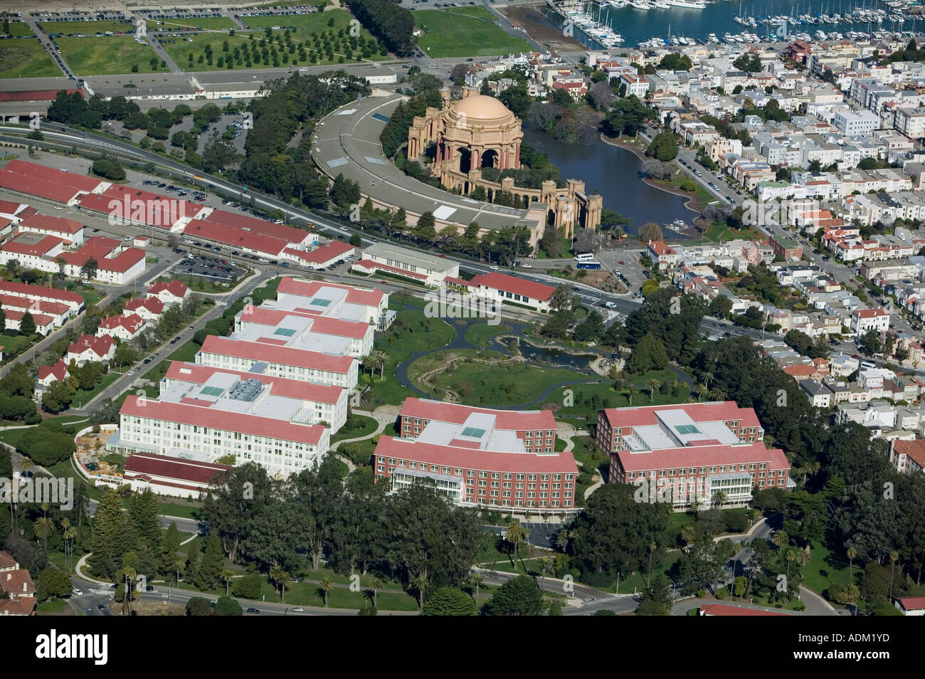 aerial above Lucasfilm Letterman Digital Arts Center Presidio San Francisco Palace of Fine Arts Marina district in background Stock Photo