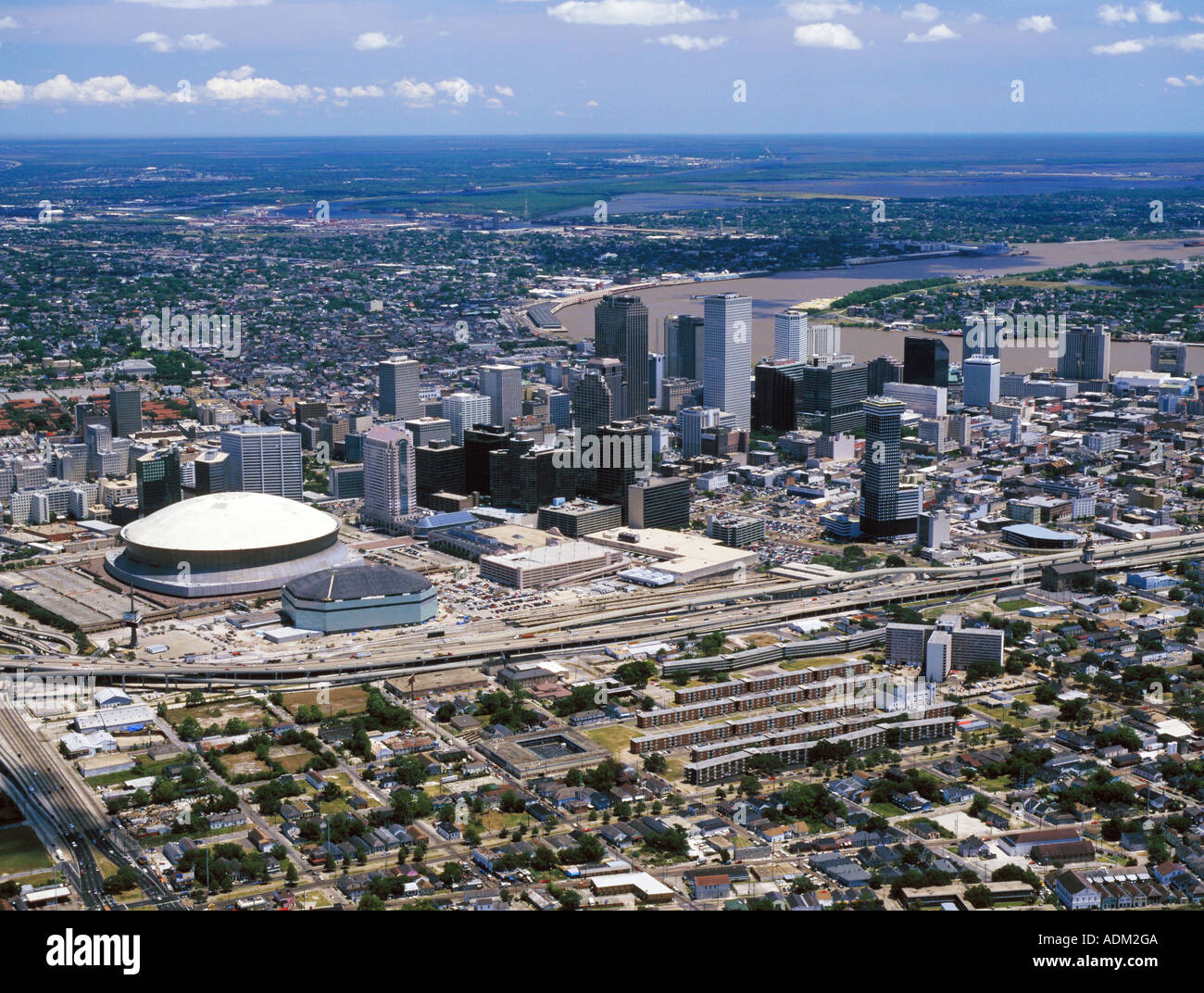aerial above New Orleans Louisiana skyline with Superdome Stock Photo
