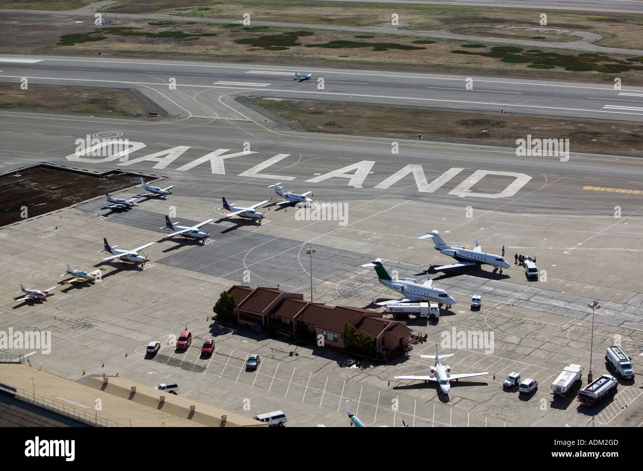 aerial view above general aviation ramp Oakland International airport