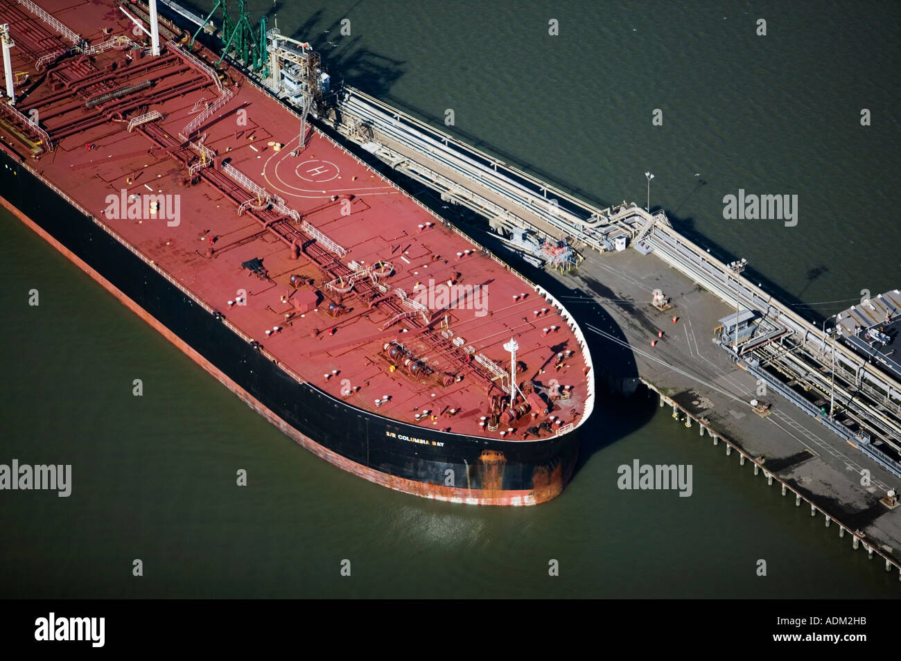 aerial view above oil tanker docked at the Chevron Richmond Long wharf, in San Francisco Bay Contra Costa county Stock Photo