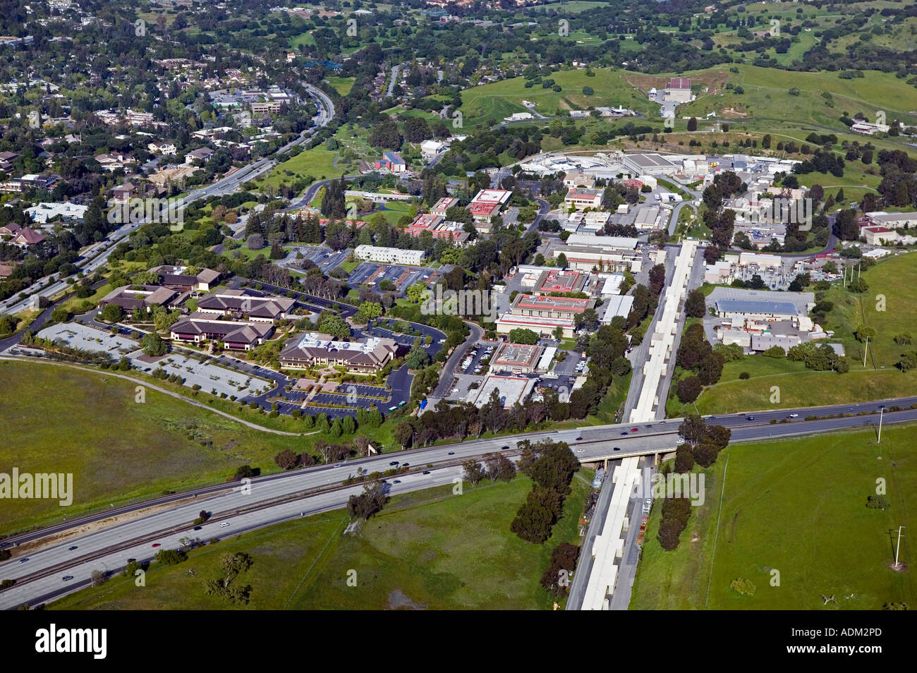 aerial view above Stanford University Linear accelerator and Sand Hill Road Menlo Park California Stock Photo