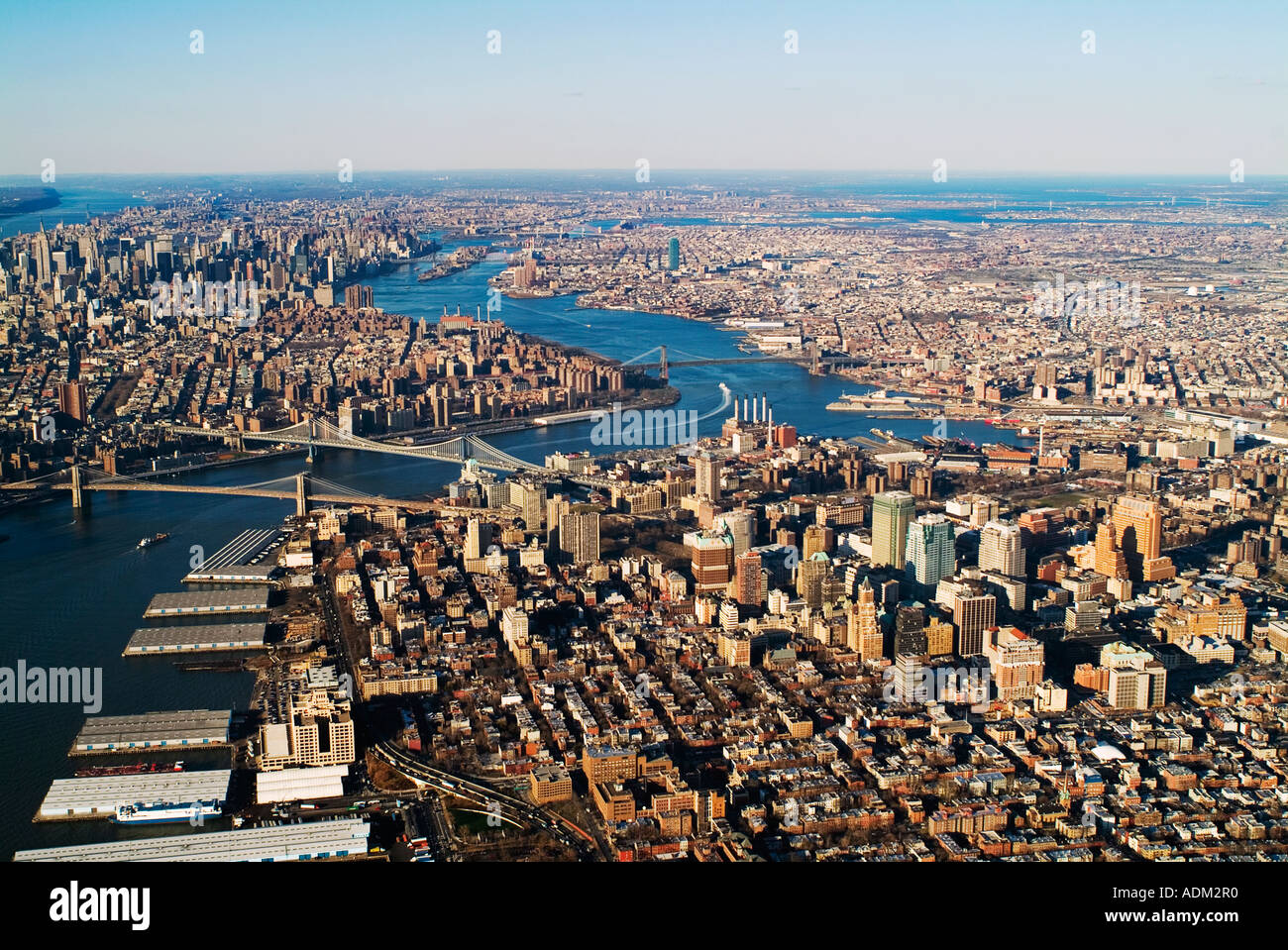 aerial view above Brooklyn, New York City East river waterfront piers