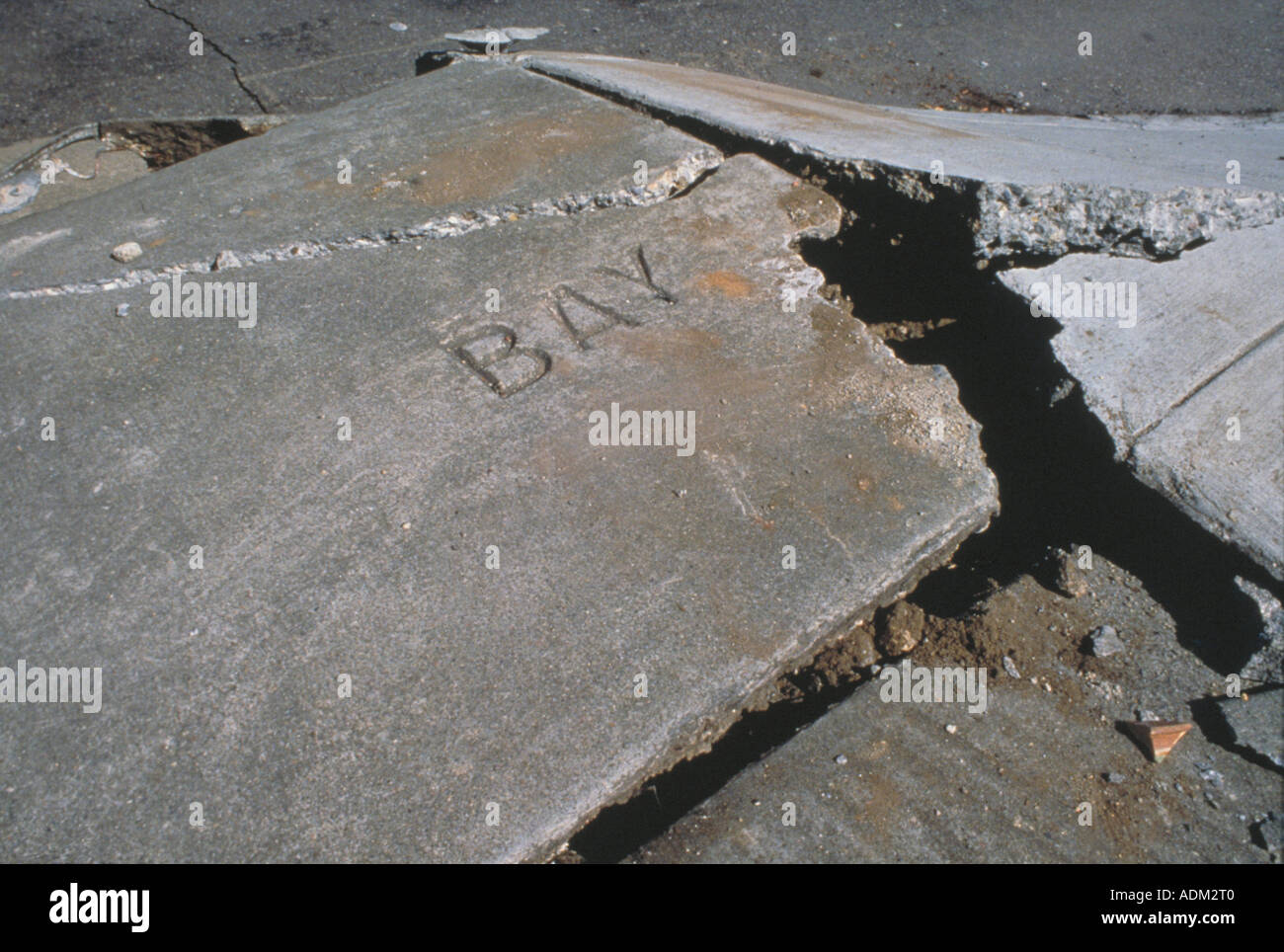 Ruptured sidewalk on Bay Street, San Francisco after the 1989 earthquake Stock Photo