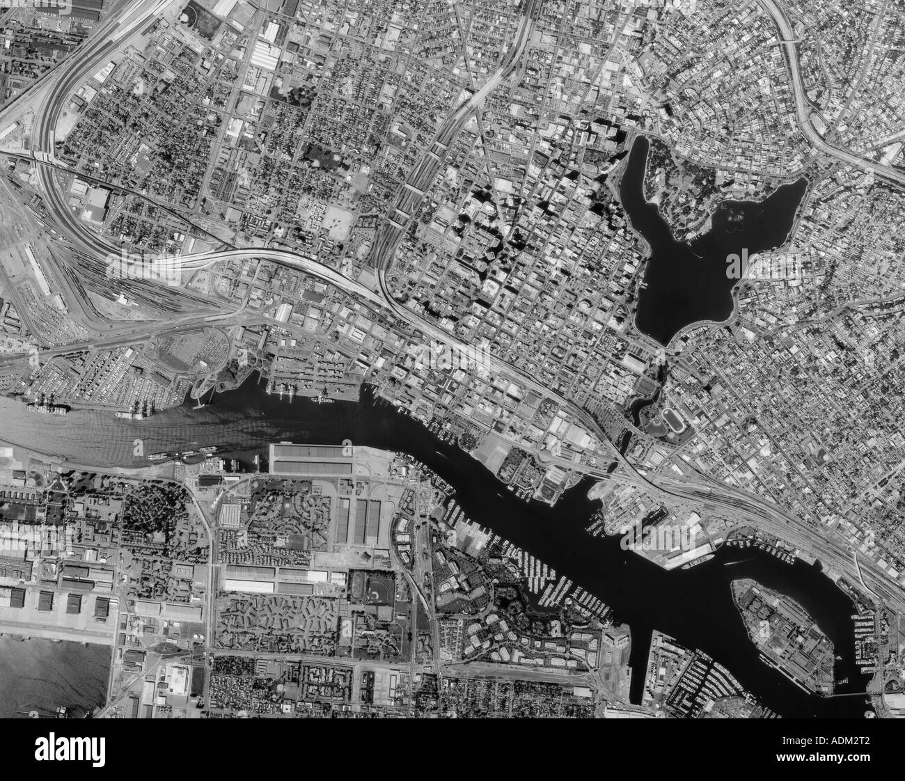 aerial map view above Oakland downtown port estuary Lake Merritt Stock Photo