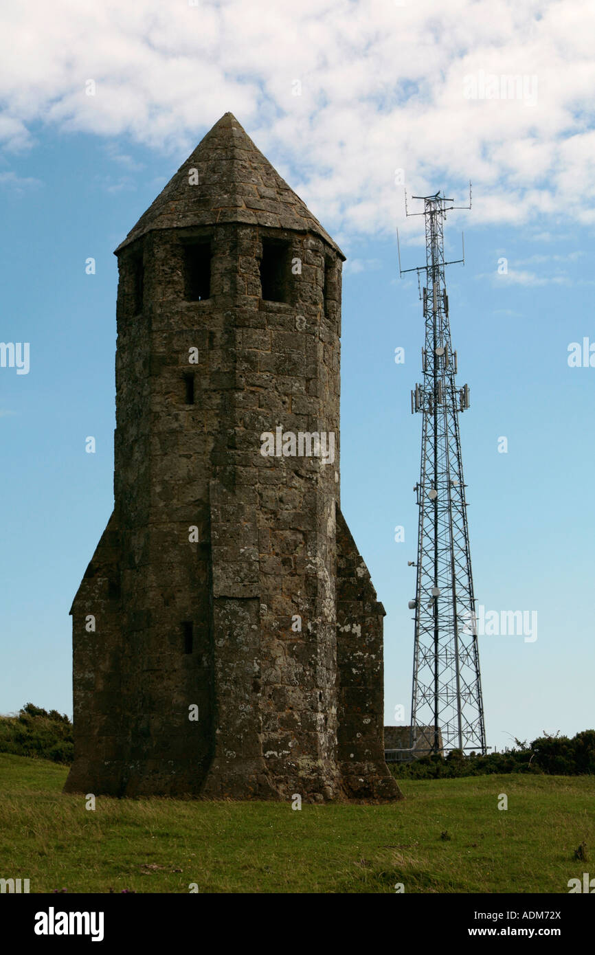 St Catherine's Oratory or the Pepper Pot as it is known locally with radio mast behind, Isle of Wight, UK Stock Photo