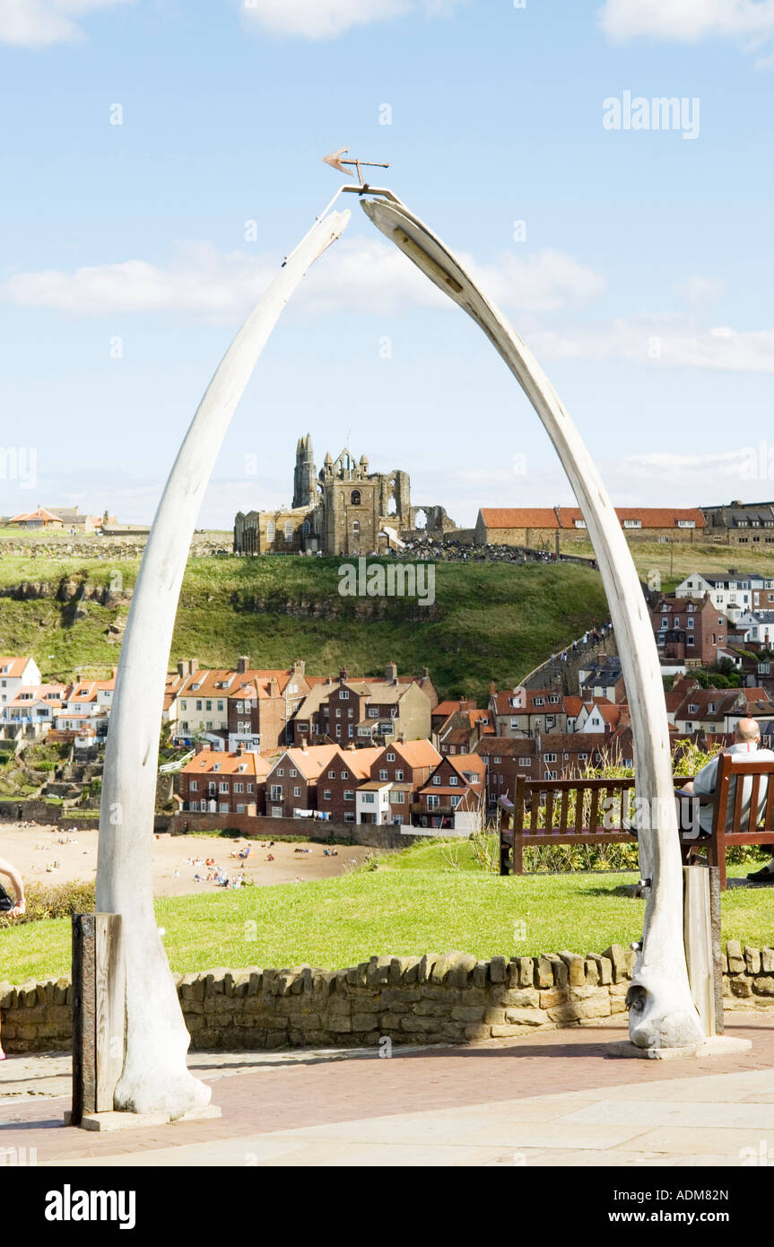 Whitby Abbey and church viewed from the whalebone arch Whitby Stock