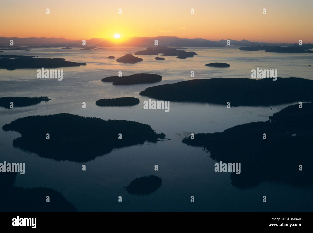 San Juan Islands, aerial of islands at sunset Puget Sound Washington ...