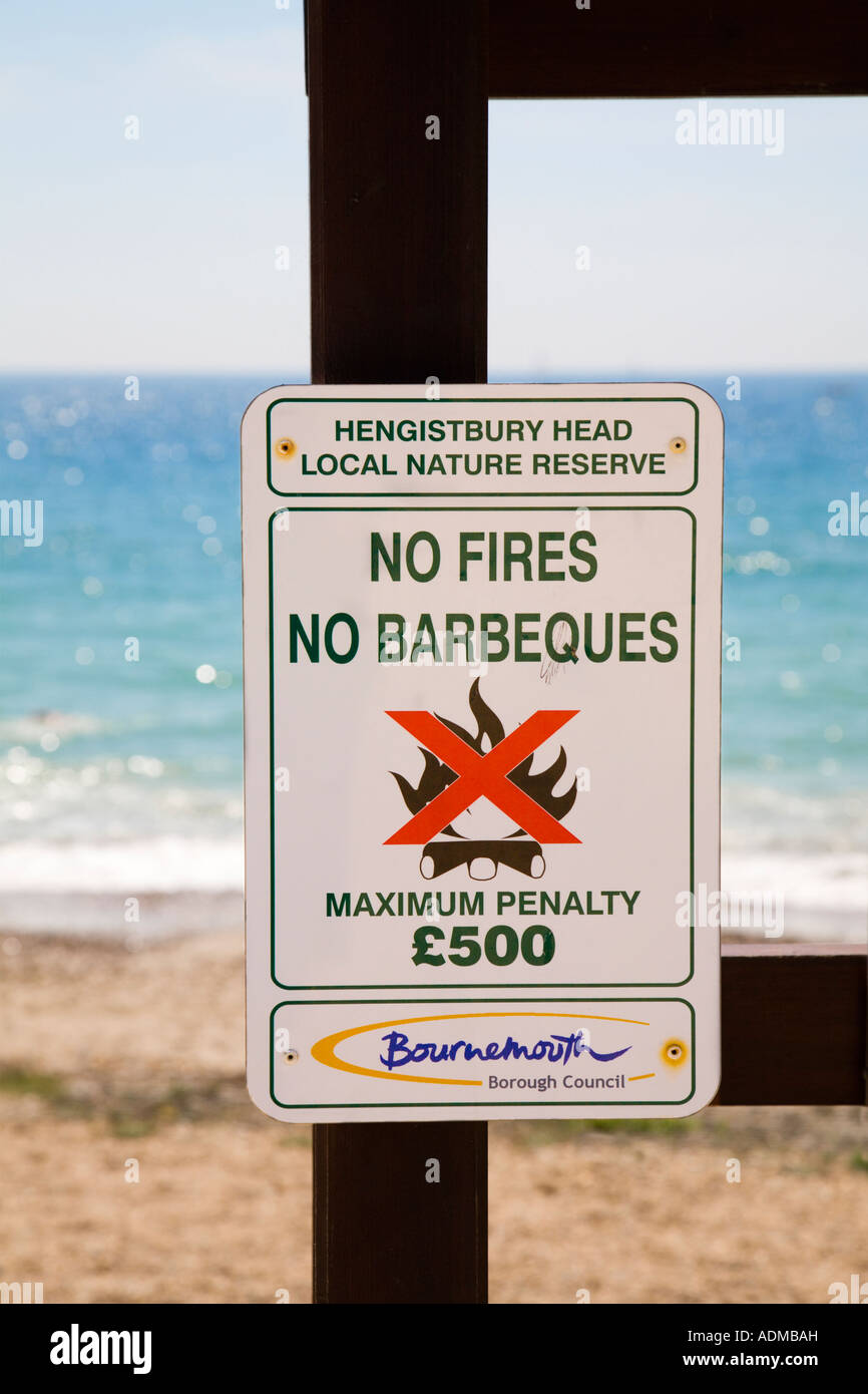No fires, no barbecues sign. Warning sign Hengistbury Head beach and nature reserve. Christchurch, Dorset. UK Stock Photo