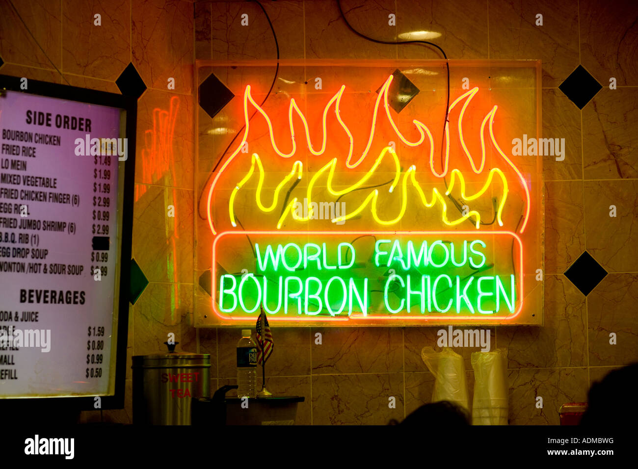 Neon sign World Famous Bourbon Chicken at the food court of Potomac Mills Outlet shopping Mall. Woodbridge Va near Washington DC Stock Photo