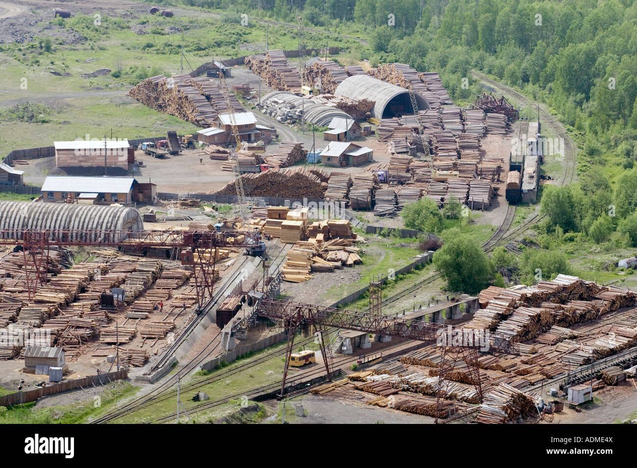 Komsomolsk Russia June 2007 Logging yard in the Komsomolsk region of the Siberian Taiga forest Stock Photo