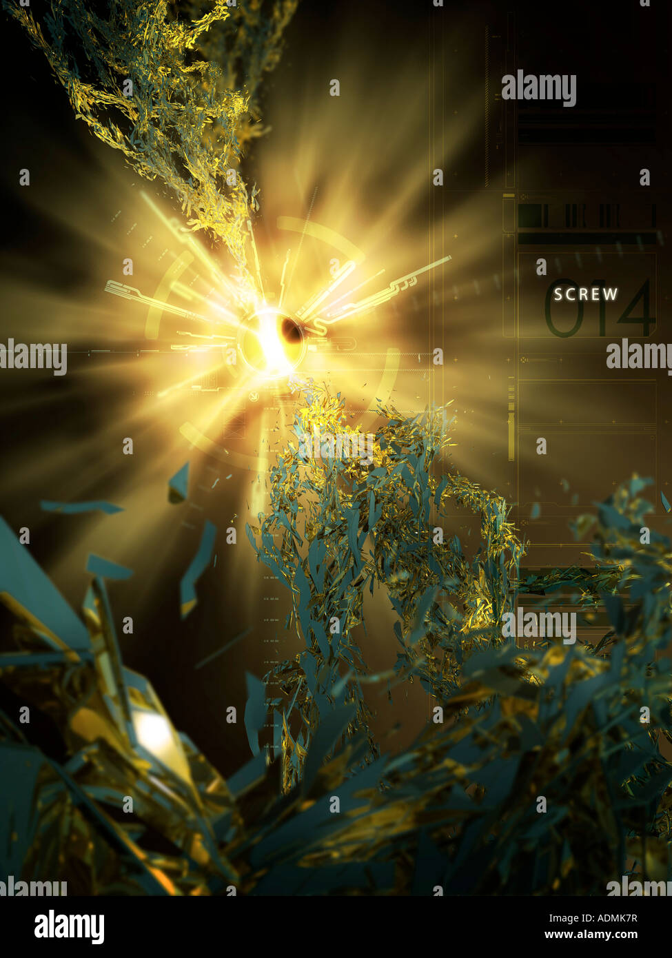 Three dimensional objects going towards a ball of light Stock Photo - Alamy